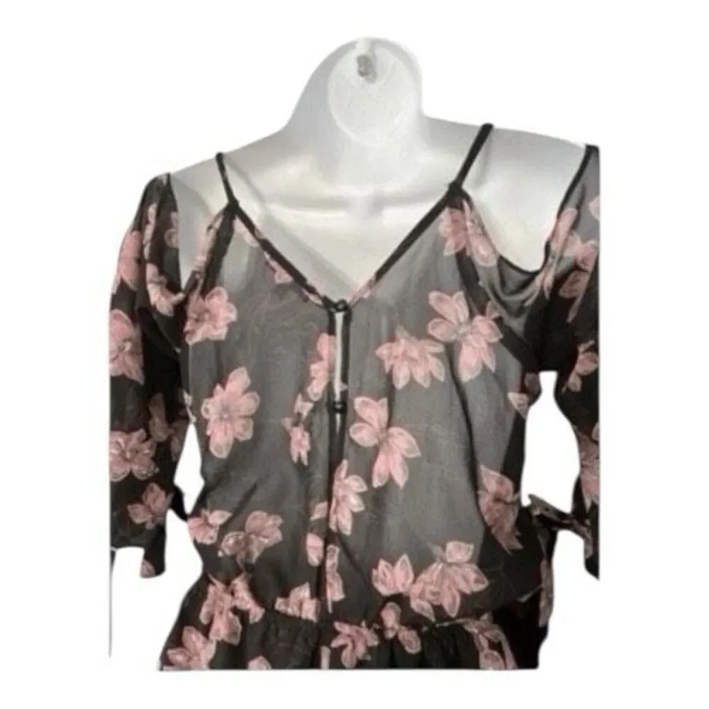 Women Black Semi Sheer Chiffon Romper Size XS Floral Print Cold-Shoulder V-Neck